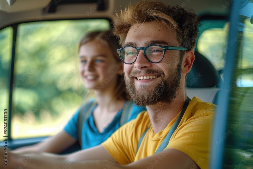 Φωτογραφία A man and woman smile and look out the window of a car. AI.