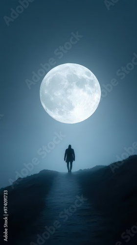 A mysterious figure walking down a foggy path, the full moon casting a long shadow behind them, mysterious figure, foggy path, full moon