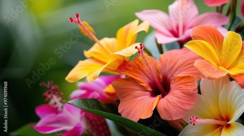 Vivid Tropical Floral Display with Hibiscus, Plumeria, and Bird of Paradise Blooms Against Green Palm Leaves Background