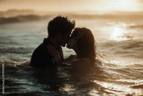 Lovers kissing on beach in water