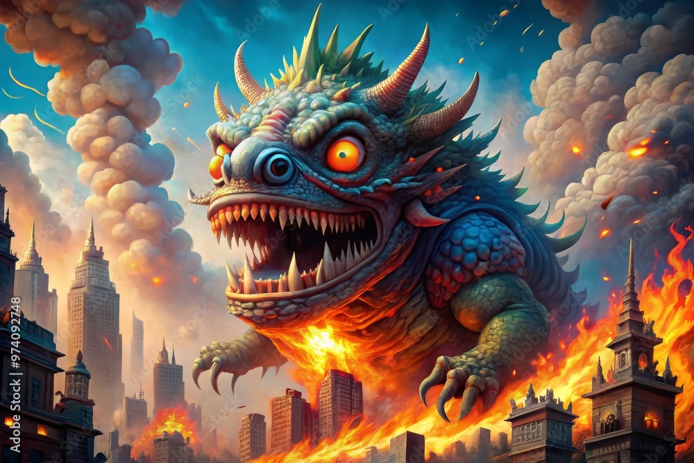 Obraz premium Colorful, comical illustration of a giant, fire-breathing, city-destroying monster, with exaggerated features and