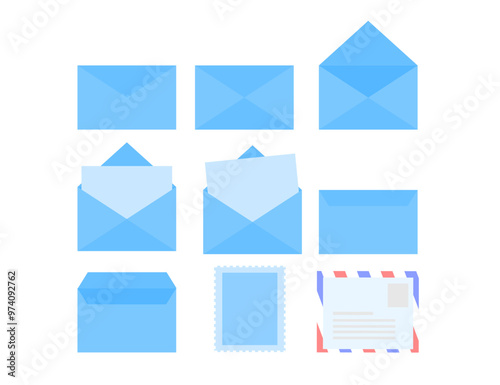 Wallpaper Mural Blue envelope isolated on white background.Closed and opened paper.Folded and unfolded.Greeting or gift card.Empty letter and stamp.Mail or message.Graphic design.Cartoon vector illustration. Torontodigital.ca