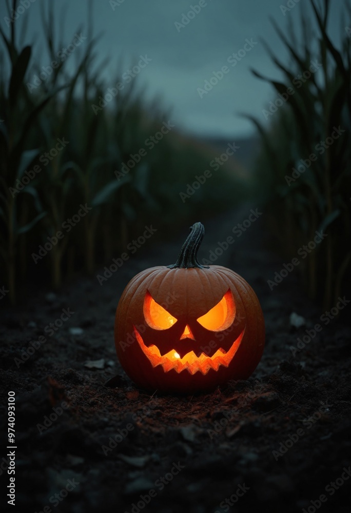 A glowing Jack-o'-lantern with a carved, menacing face, placed in an eerie cornfield setting, capturing the essence of Halloween and spooky, rural atmosphere A glowing Jack-o'-lantern with a carved, menacing face, placed in an eerie cornfield setting, capturing the essence of Halloween and spooky, rural atmosphere