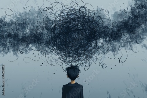 A digital illustration of a person overwhelmed by a whirlwind of tangled thoughts, representing the feeling of being overloaded and unable to cope.