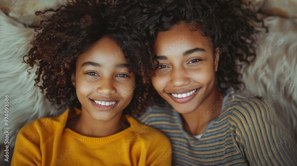 Two sisters smiling at the camera. AI. Two sisters smiling at the camera. AI.