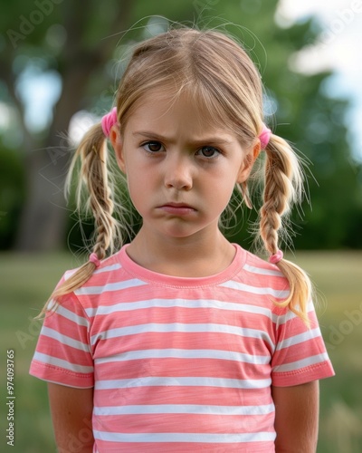 A young girl with blonde hair in braids looks upset. AI. photo