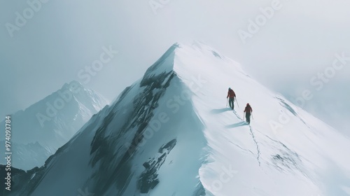 Two mountaineers trekking up a snow-covered mountain, their figures standing out against the white landscape, determinedly making their way toward the summit