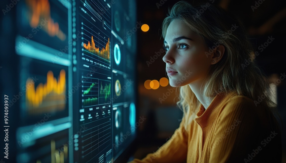 Focused woman analyzing data on a digital screen in a modern workspace, embodying concentration and technology. Focused woman analyzing data on a digital screen in a modern workspace, embodying concentration and technology.