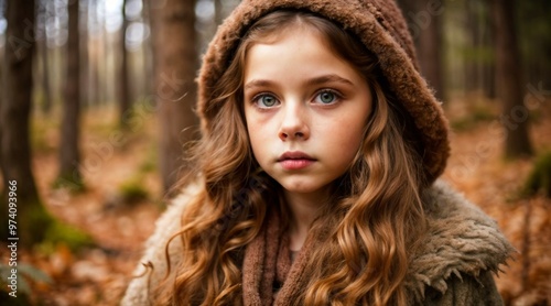 Close-up photo of a girl against a forest background