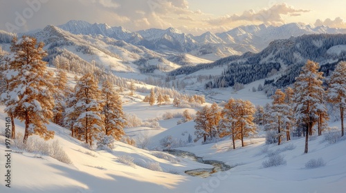 Snow-covered pine tree in serene winter mountain landscape