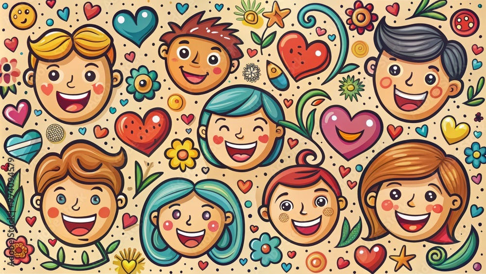 Colorful digital illustration of smiling faces, hearts, and expressive symbols hand-drawn on a creamy background, Colorful digital illustration of smiling faces, hearts, and expressive symbols hand-drawn on a creamy background,