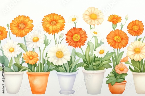 Vibrant potted flowers in orange and white, adding a cheerful touch to any space. Perfect for garden and nature themes.