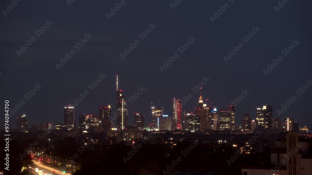 TIMELAPSE Evening to night view of Warsaw downtown cityscape on a summer day TIMELAPSE Evening to night view of Warsaw downtown cityscape on a summer day
