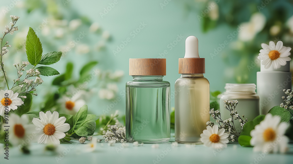 Two bottles of essential oils are displayed on a table with flowers. The bottles are made of glass and have wooden lids. The table is covered with a green cloth and surrounded by flowers Two bottles of essential oils are displayed on a table with flowers. The bottles are made of glass and have wooden lids. The table is covered with a green cloth and surrounded by flowers