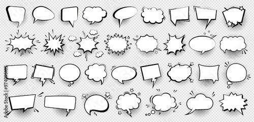 Collection of speech or text bubble, empty message box and comic element with black halftone in vintage pop art style isolated on transparent background. Idea, information, dialogue, chat balloon set.