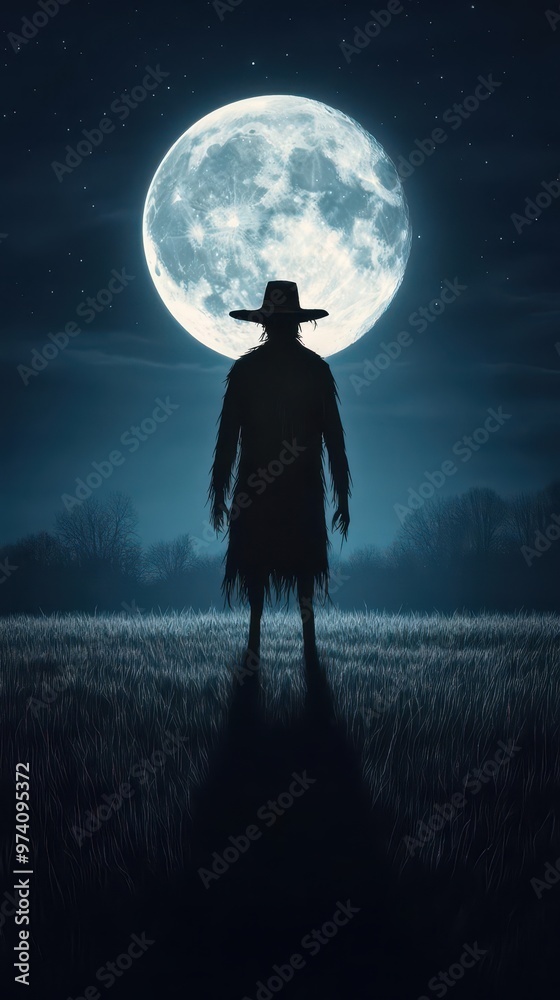 A scarecrow in a moonlit field, its shadow cast long and eerie by the bright full moon, scarecrow, moonlit field, full moon A scarecrow in a moonlit field, its shadow cast long and eerie by the bright full moon, scarecrow, moonlit field, full moon