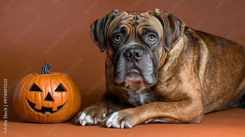 Obraz premium Dog Lounging With a Jack-o-lantern on an Orange Backdrop for Halloween Festivities