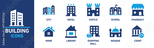 Building icon set. Includes icons for city, hotel, castle, school, pharmacy, home, library, shopping mall, mosque, and court.