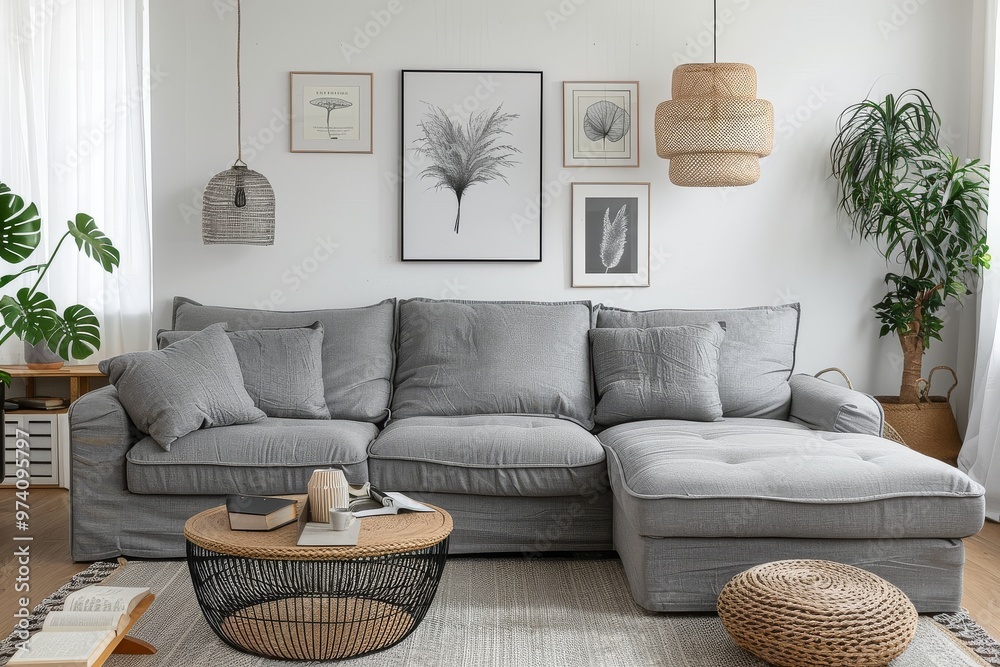 Stylish grey fabric sofa with chaise lounge, minimalist artwork, and wooden furniture in a cozy modern living room setting. Stylish grey fabric sofa with chaise lounge, minimalist artwork, and wooden furniture in a cozy modern living room setting.