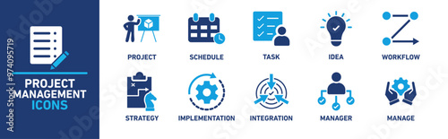 Project management icon collection. Project, schedule, task, idea, workflow, related. Vector solid collection of icons.