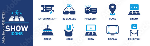 Show icon collection. Entertainment, 3d glasses, projector, place, cinema, related. Vector solid collection of icons.