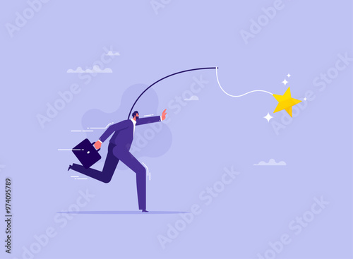 Motivation to success concept, incentive or reward to motivate employee, chasing for reward, businessman running with carrot stick trying to grab star