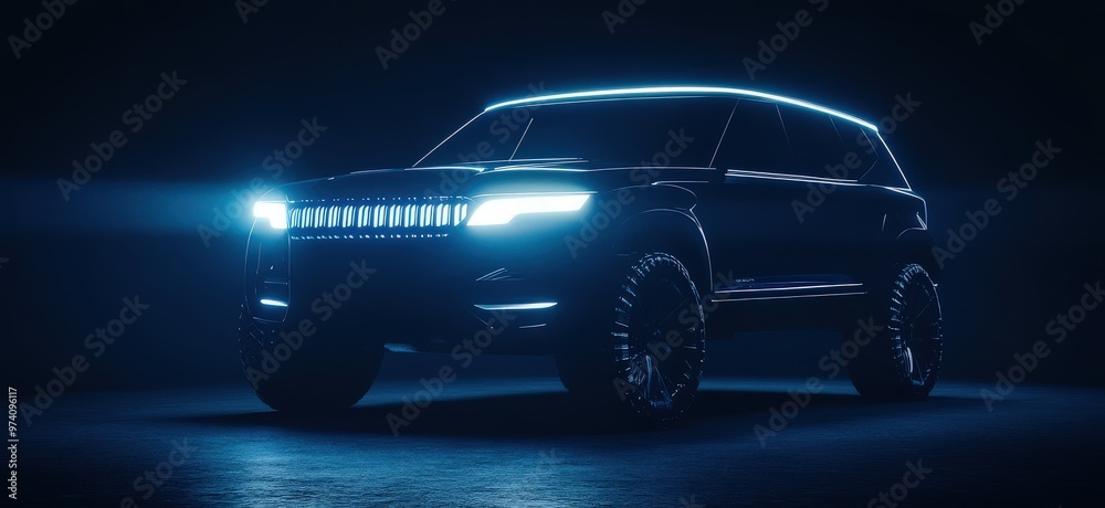 A dark blue SUV with headlights glowing, set against a dark background to showcase the vehicle's streamlined design and intricate details A dark blue SUV with headlights glowing, set against a dark background to showcase the vehicle's streamlined design and intricate details