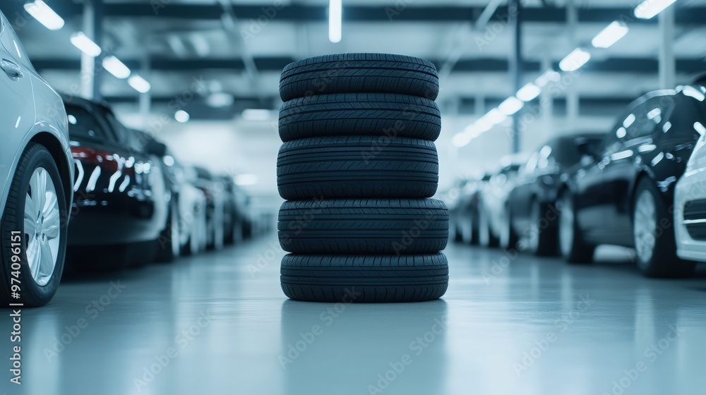 A foreground stack of tires, flanked by parked cars on both sides, set against a backdrop of a white, vacant floor for a sleek, uncluttered appearance A foreground stack of tires, flanked by parked cars on both sides, set against a backdrop of a white, vacant floor for a sleek, uncluttered appearance