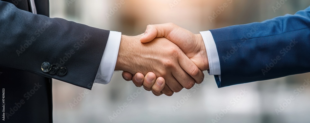 A close-up of two businessmen shaking hands to signify agreement and partnership in a corporate setting. A close-up of two businessmen shaking hands to signify agreement and partnership in a corporate setting.