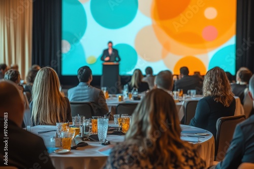 A group of people seated at round tables, attentively listening to a presenter on stage in front of an LED screen displaying orange and blue color circles photo