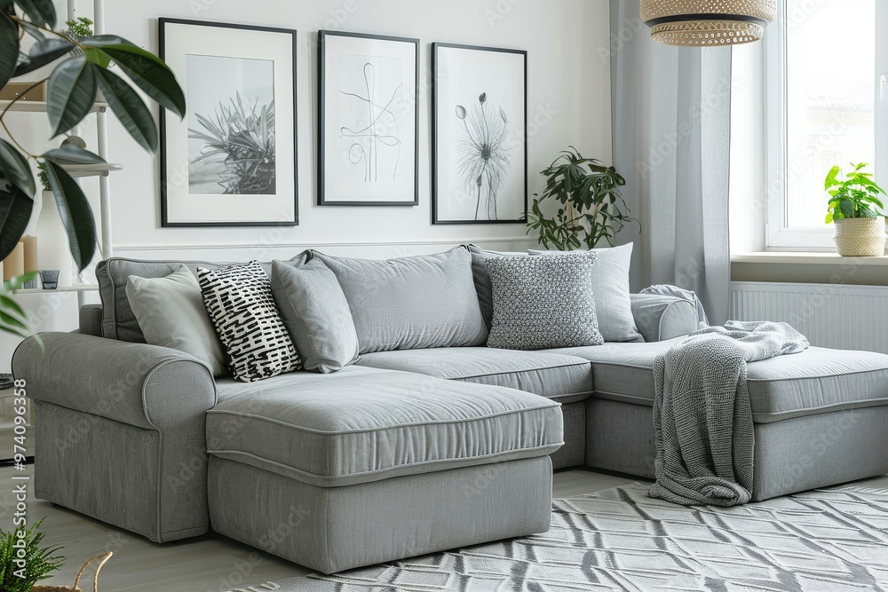 Stylish grey fabric sofa with chaise lounge, white walls, and Scandinavian style decor in a modern living room setting. Stylish grey fabric sofa with chaise lounge, white walls, and Scandinavian style decor in a modern living room setting.