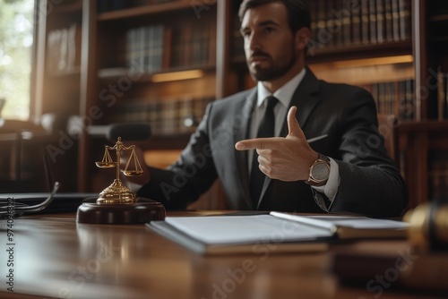 A serious lawyer gestures confidently in a law office, surrounded by books and documents, highlighting professionalism and authority.