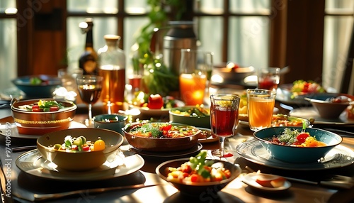 An exquisite food table with a variety of brightly colored dishes and drinks placed on it. The sun shines on the tableware through the window, creating a warm dining atmosphere.