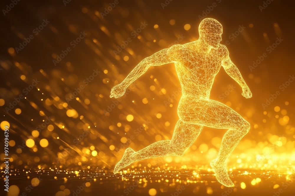 Naklejka premium A wireframe figure of an athlete in motion, outlined in golden glow against a dark golden backdrop. This technological representation highlights sport training, fitness, and health care themes 