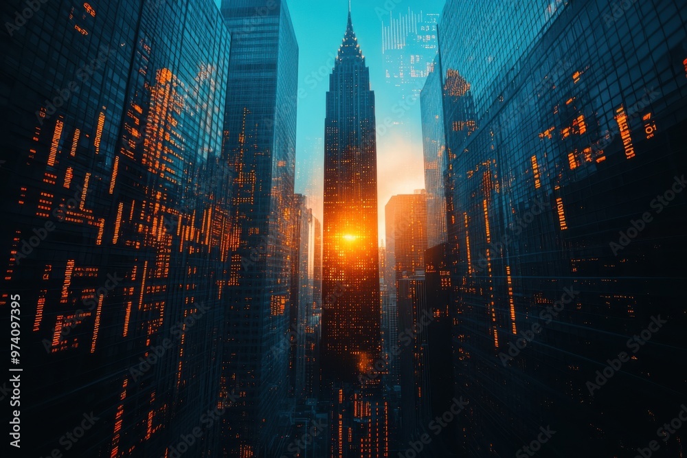 Silhouettes of skyscrapers with superimposed stock market graphs. Business and financial background concept. Silhouettes of skyscrapers with superimposed stock market graphs. Business and financial background concept.