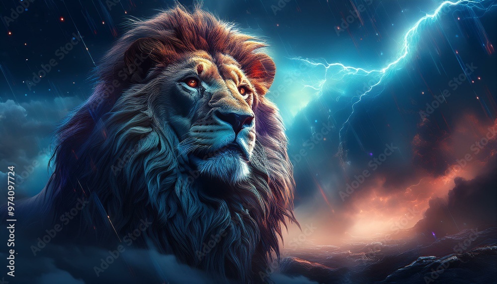 Majestic lion gazes into the distance amidst a dramatic stormy sky, capturing the essence of power and beauty in nature.