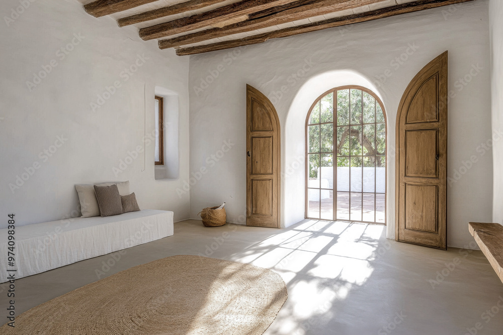 Fototapeta premium Mediterranean rustic room interiors with minimal decor or furniture and contrasting lighting. Country home interior design composition