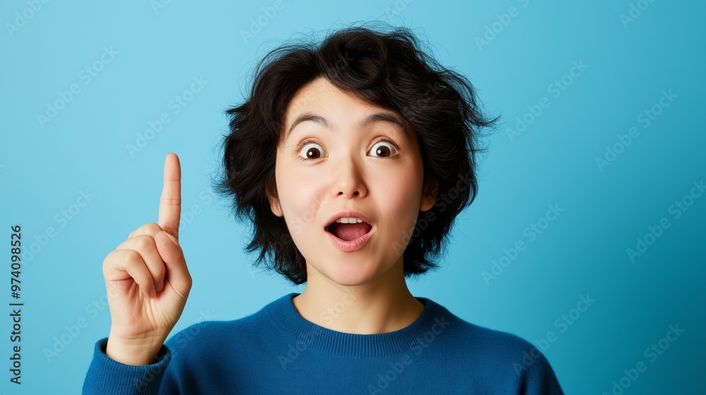 Surprised young woman with curly hair raising her finger on bright blue background, expressing a moment of realization or discovery.