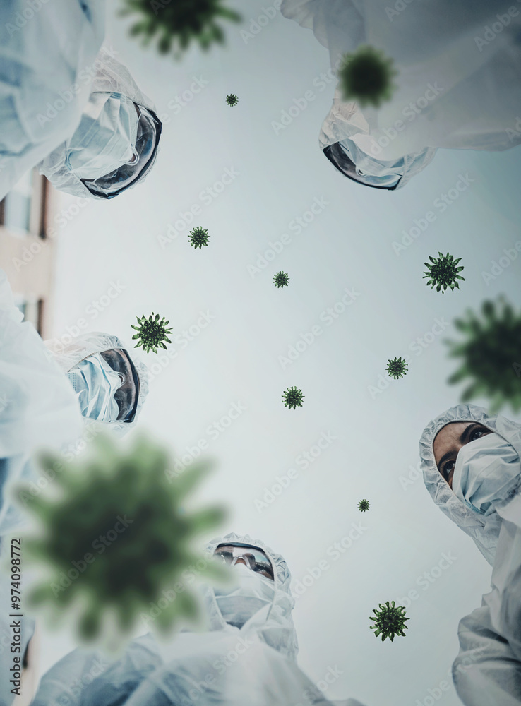 Φωτογραφία Healthcare, group and PPE in hospital, virus and infection control of mpox, low angle and contamination