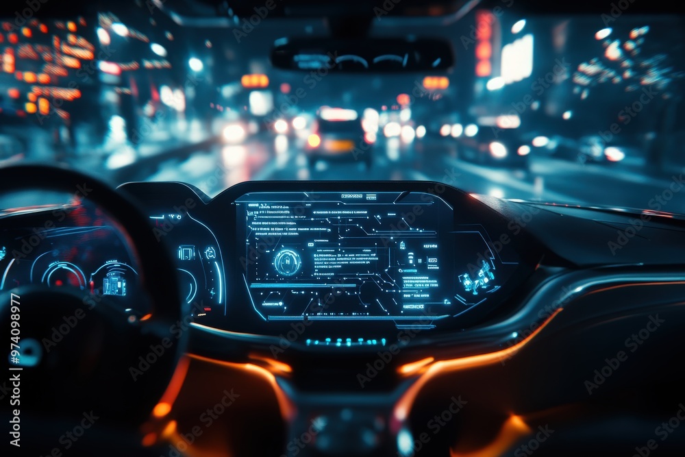 High-tech car with a nighttime graphical user interface, displaying a heads-up display and connected vehicle technology with interactive HUD elements and IoT integration High-tech car with a nighttime graphical user interface, displaying a heads-up display and connected vehicle technology with interactive HUD elements and IoT integration