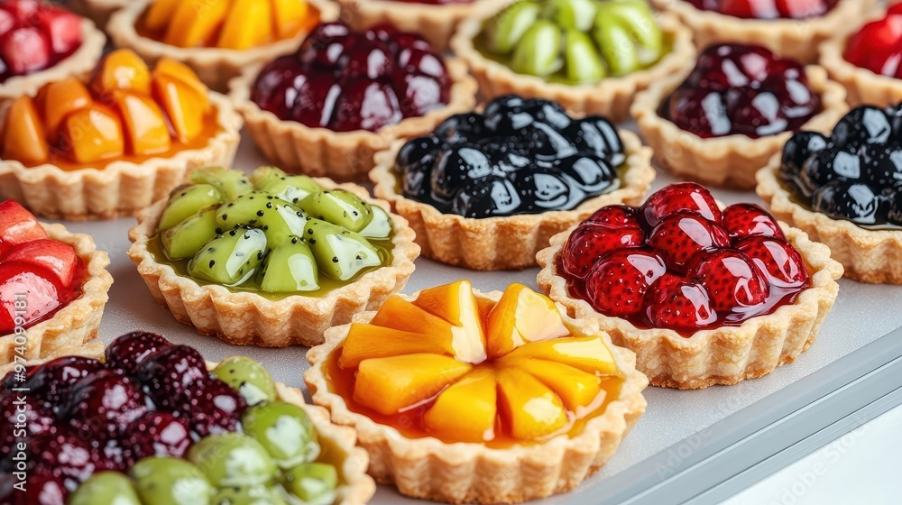 A 3D bakery window display featuring a large assortment of fruit tarts with glossy fruit toppings, 3D window display, fruit tarts, glossy A 3D bakery window display featuring a large assortment of fruit tarts with glossy fruit toppings, 3D window display, fruit tarts, glossy