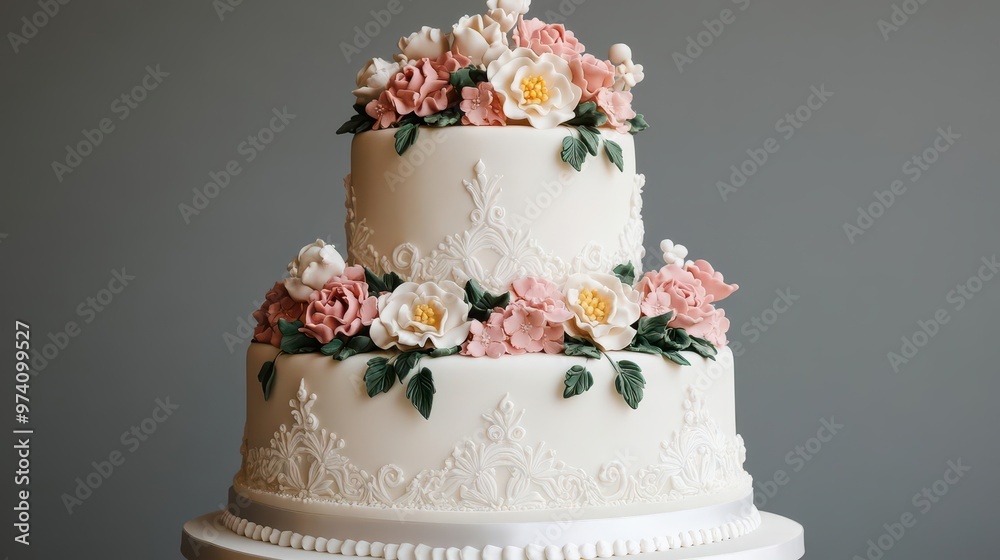 A 3D detailed rendering of an ornate wedding cake with floral decorations and sugar sculptures, 3D rendering, wedding cake, sugar sculptures A 3D detailed rendering of an ornate wedding cake with floral decorations and sugar sculptures, 3D rendering, wedding cake, sugar sculptures