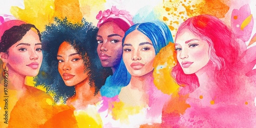 Watercolor illustration of women from different backgrounds honoring International Women's Day, featuring bright, dynamic splashes that capture the festive and inclusive spirit