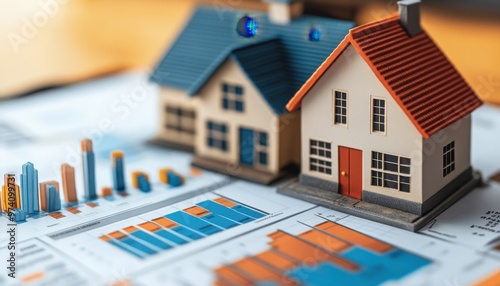 Miniature houses on financial documents demonstrate the relationship between real estate and market analysis.