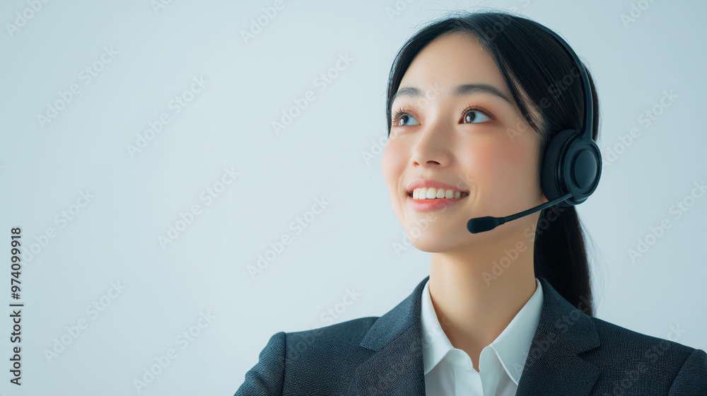 A young professional woman in a headset smiling while engaging in a conversation during a virtual meeting in a bright office. A young professional woman in a headset smiling while engaging in a conversation during a virtual meeting in a bright office.