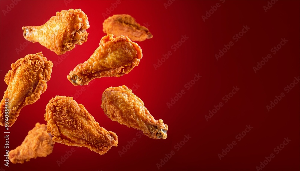Delicious crispy chicken wings on a vibrant red background, perfect for food photography and culinary presentations. Delicious crispy chicken wings on a vibrant red background, perfect for food photography and culinary presentations.