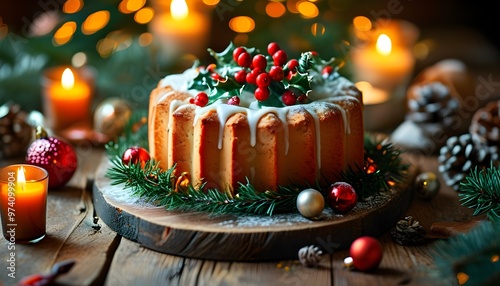 Festively Decorated Christmas Cake Surrounded by Candles and Ornaments in a Cozy, Twinkling Atmosphere