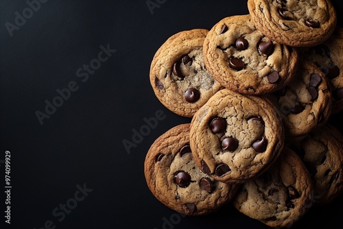 Chocolate chip cookies on black background 