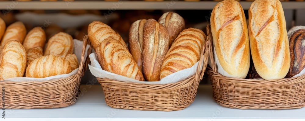 A 3D-rendered outdoor bakery stall with freshly baked loaves of bread, baguettes, and croissants in baskets, 3D-rendered, outdoor bakery, baskets A 3D-rendered outdoor bakery stall with freshly baked loaves of bread, baguettes, and croissants in baskets, 3D-rendered, outdoor bakery, baskets