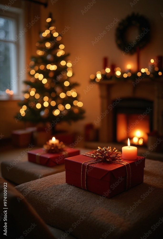 Aesthetic home Christmas scene with presents at night with bokeh lights of new year tree and fireplace Aesthetic home Christmas scene with presents at night with bokeh lights of new year tree and fireplace